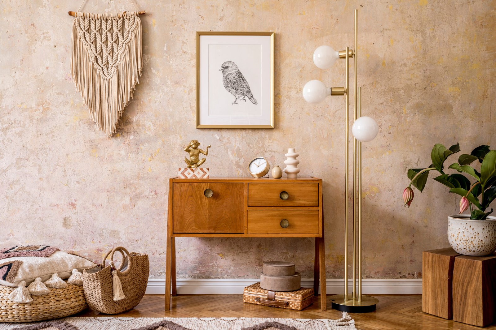 Modern retro composition of living room with wooden vintage commode, furniture, lamp, plant, carpet, pillows, macrame, gold mock up poster frame, plants, decoration and personal accessories.